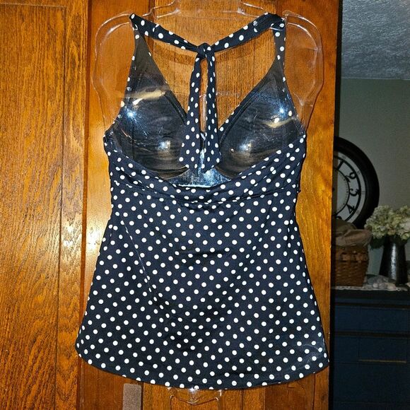 Lands End Women’s Size 10 Black White Polka Dot Tankini Top Shelf Bra Adj - Picture 2 of 5
